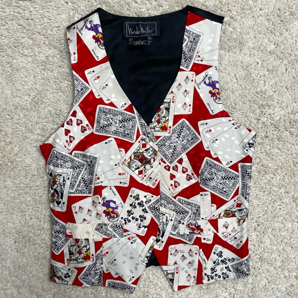 Vintage Nicole Miller Playing Card Print Vest 100% Silk Casino Las Vegas
